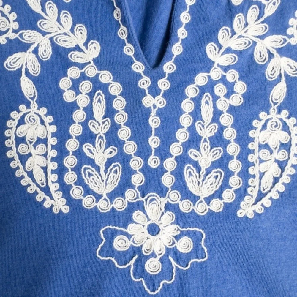 J Jill‎ Embroidered 3/4 Sleeve Tunic Top Petite Large Blue Boho Coastal Beach - Picture 9 of 16